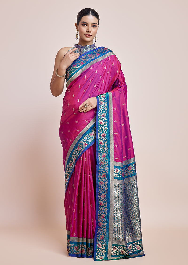 Monjolika Fashion Magenta Banarasi Silk In Satin Is Classy Embellished With Golden Zari Work Saree | Swadesiicart