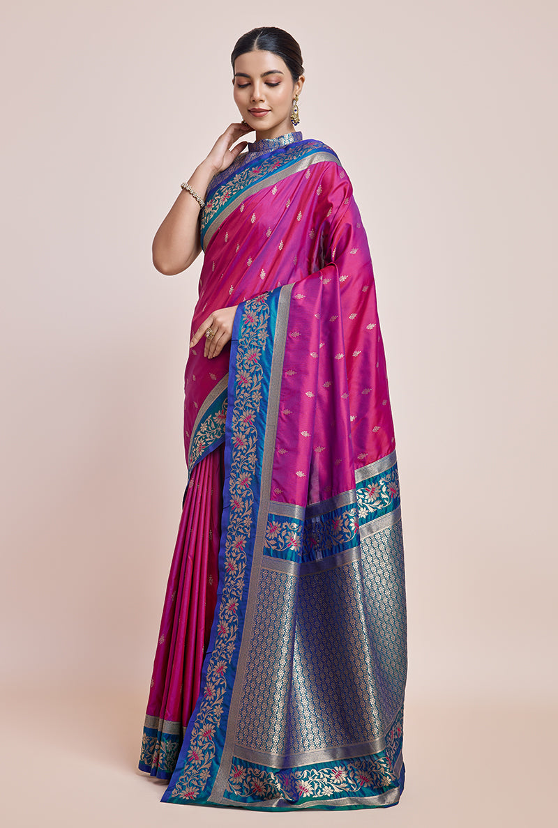Monjolika Fashion Magenta Banarasi Silk In Satin Is Classy Embellished With Golden Zari Work Saree | Swadesiicart