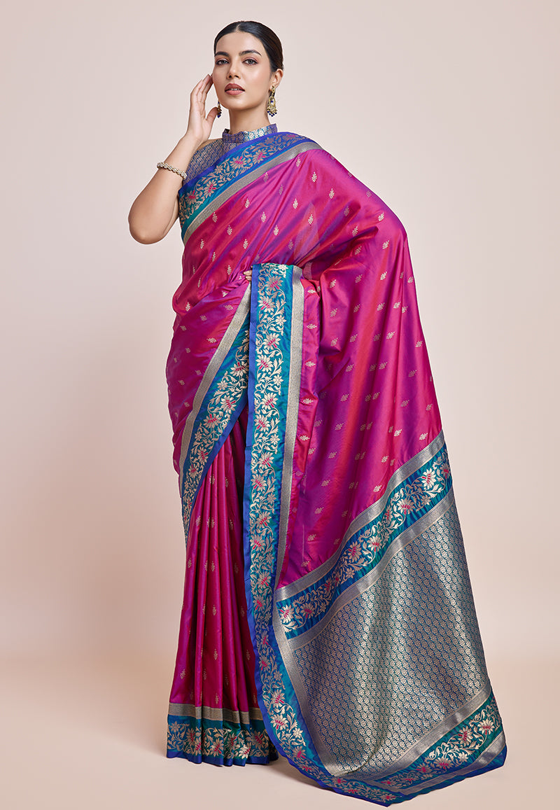 Monjolika Fashion Magenta Banarasi Silk In Satin Is Classy Embellished With Golden Zari Work Saree | Swadesiicart