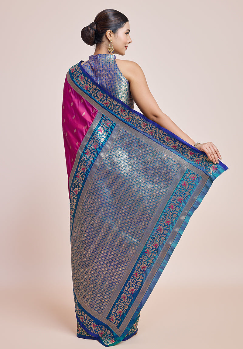Monjolika Fashion Magenta Banarasi Silk In Satin Is Classy Embellished With Golden Zari Work Saree | Swadesiicart