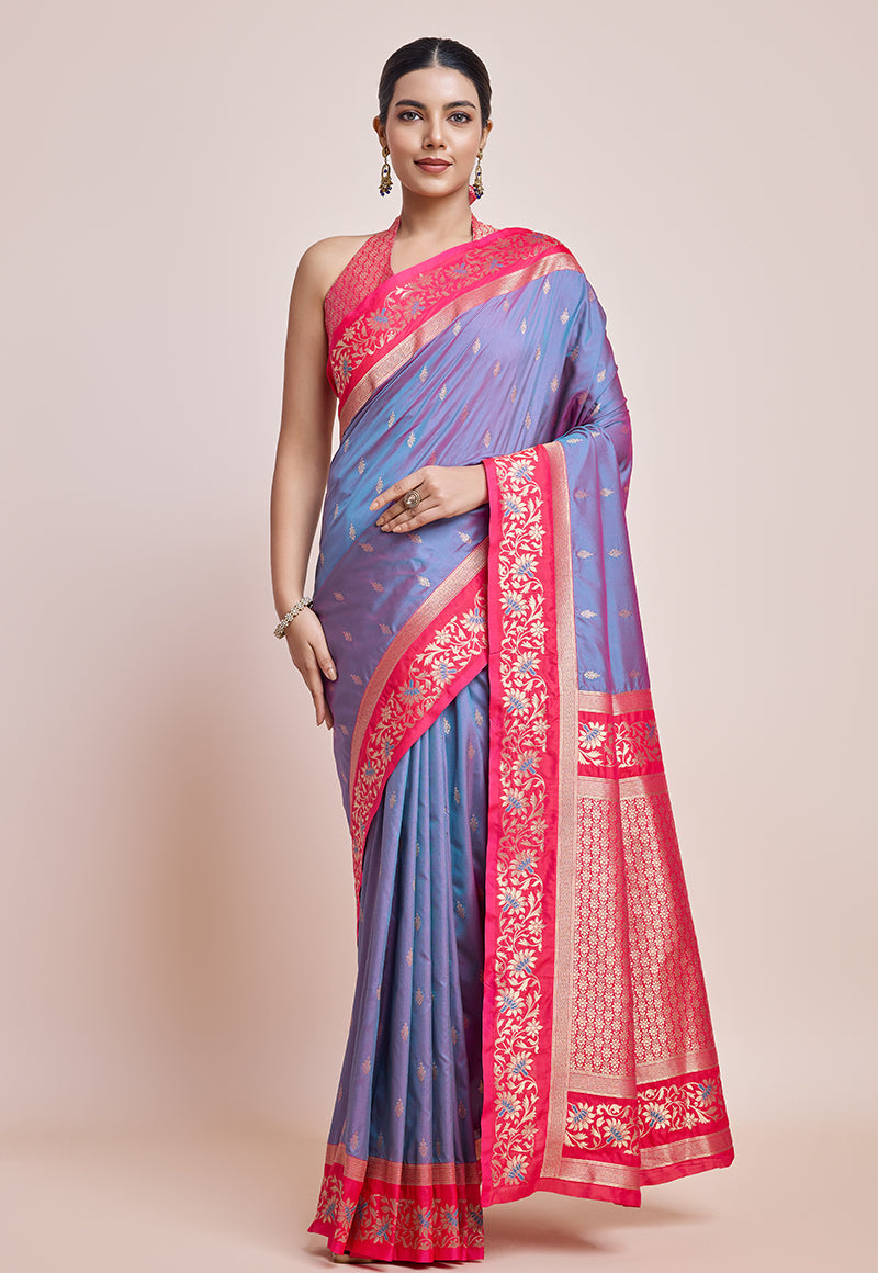 Monjolika Fashion Violet Banarasi Silk In Satin Is Classy Embellished With Golden Zari Work Saree | Swadesiicart