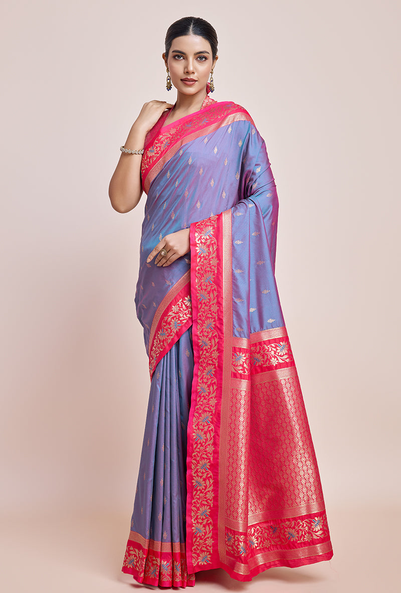 Monjolika Fashion Violet Banarasi Silk In Satin Is Classy Embellished With Golden Zari Work Saree | Swadesiicart