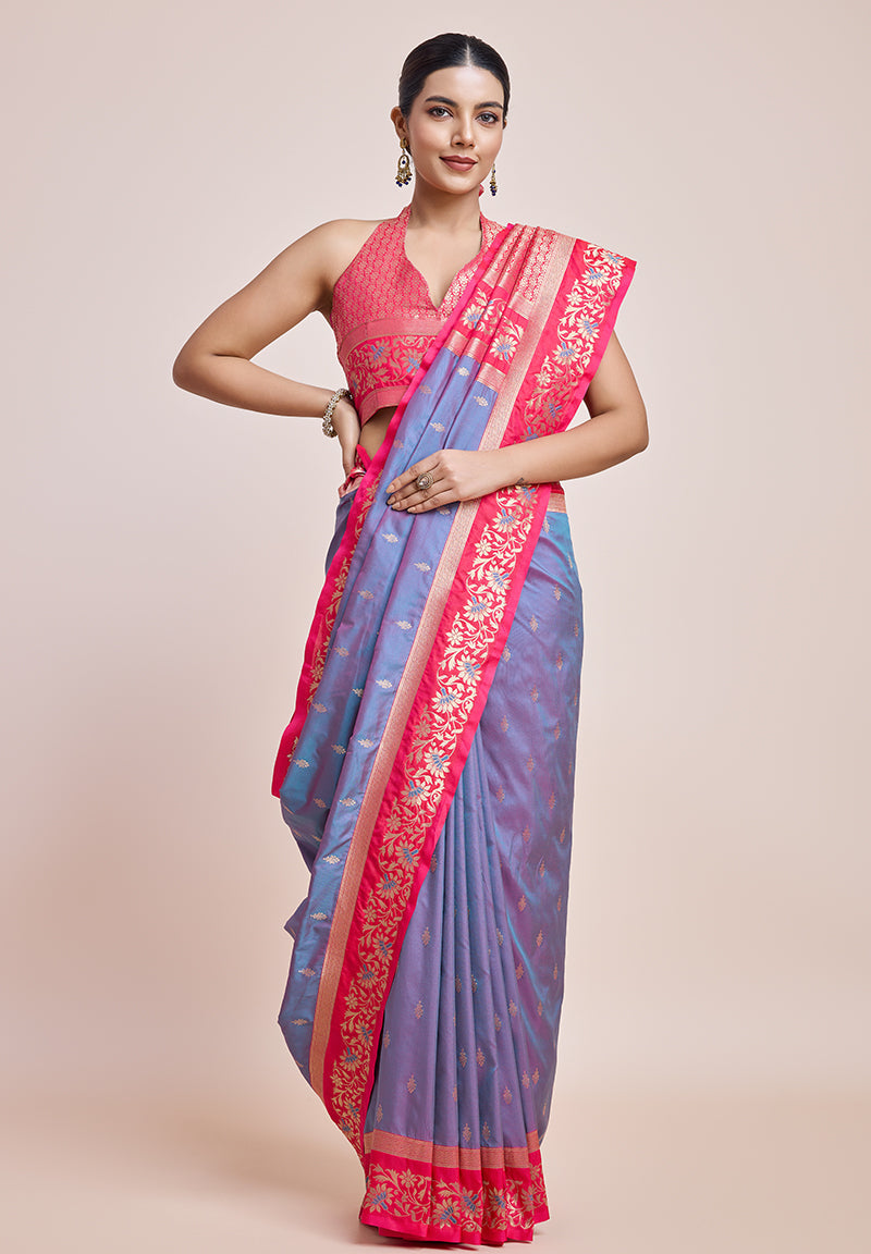 Monjolika Fashion Violet Banarasi Silk In Satin Is Classy Embellished With Golden Zari Work Saree | Swadesiicart