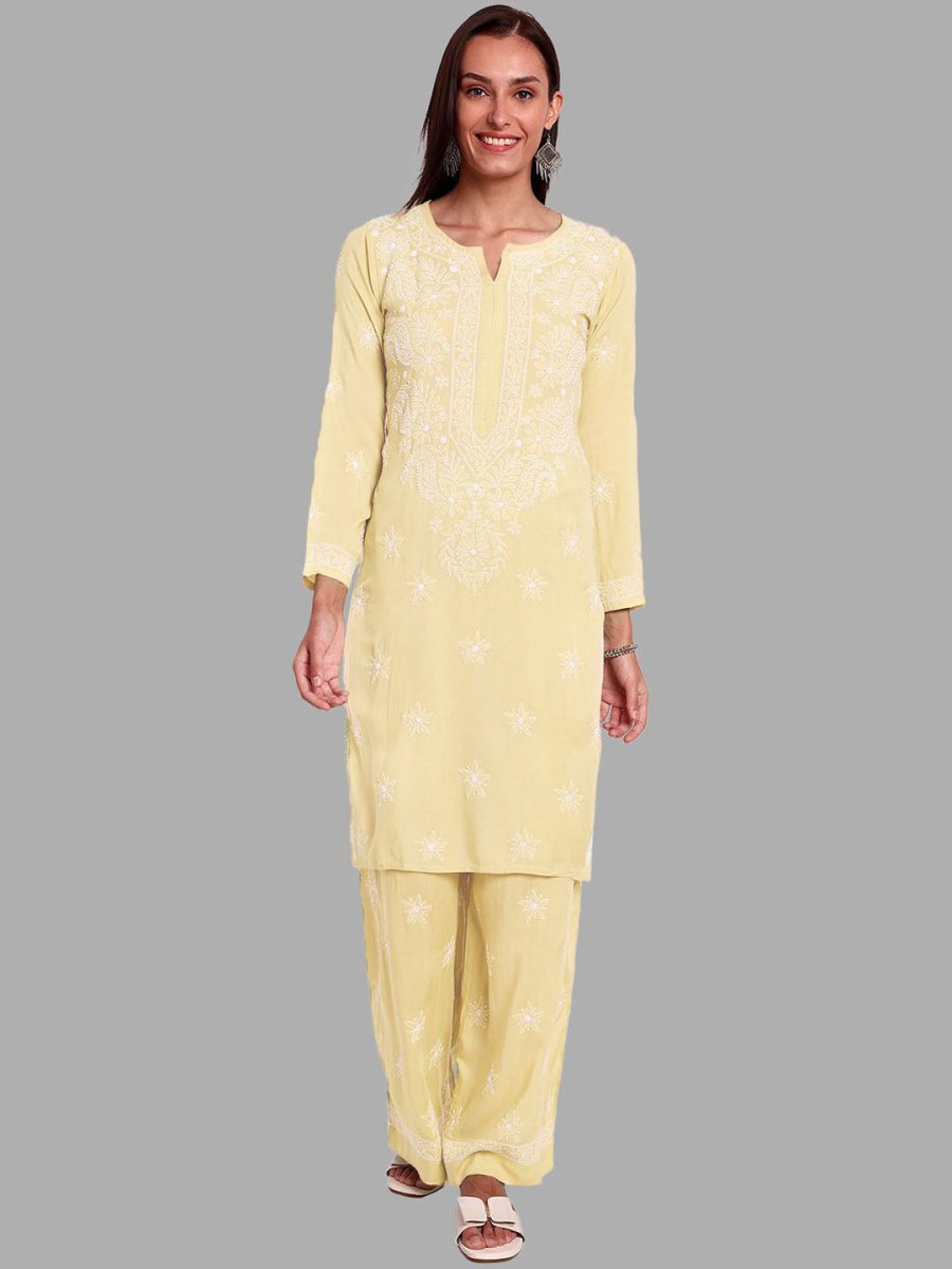 ADA Ethnic Motifs Embroidered Chikankari Straight Kurta with Palazzos | Swadesiicart