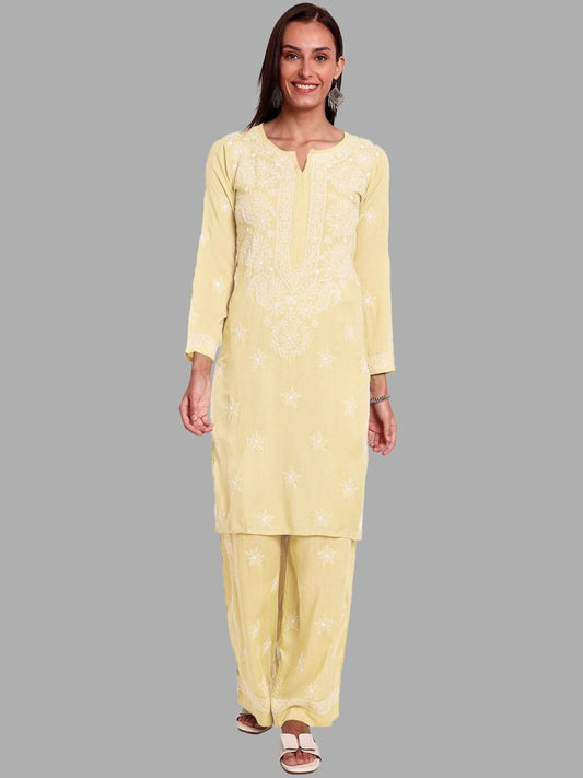 ADA Ethnic Motifs Embroidered Chikankari Straight Kurta with Palazzos | Swadesiicart