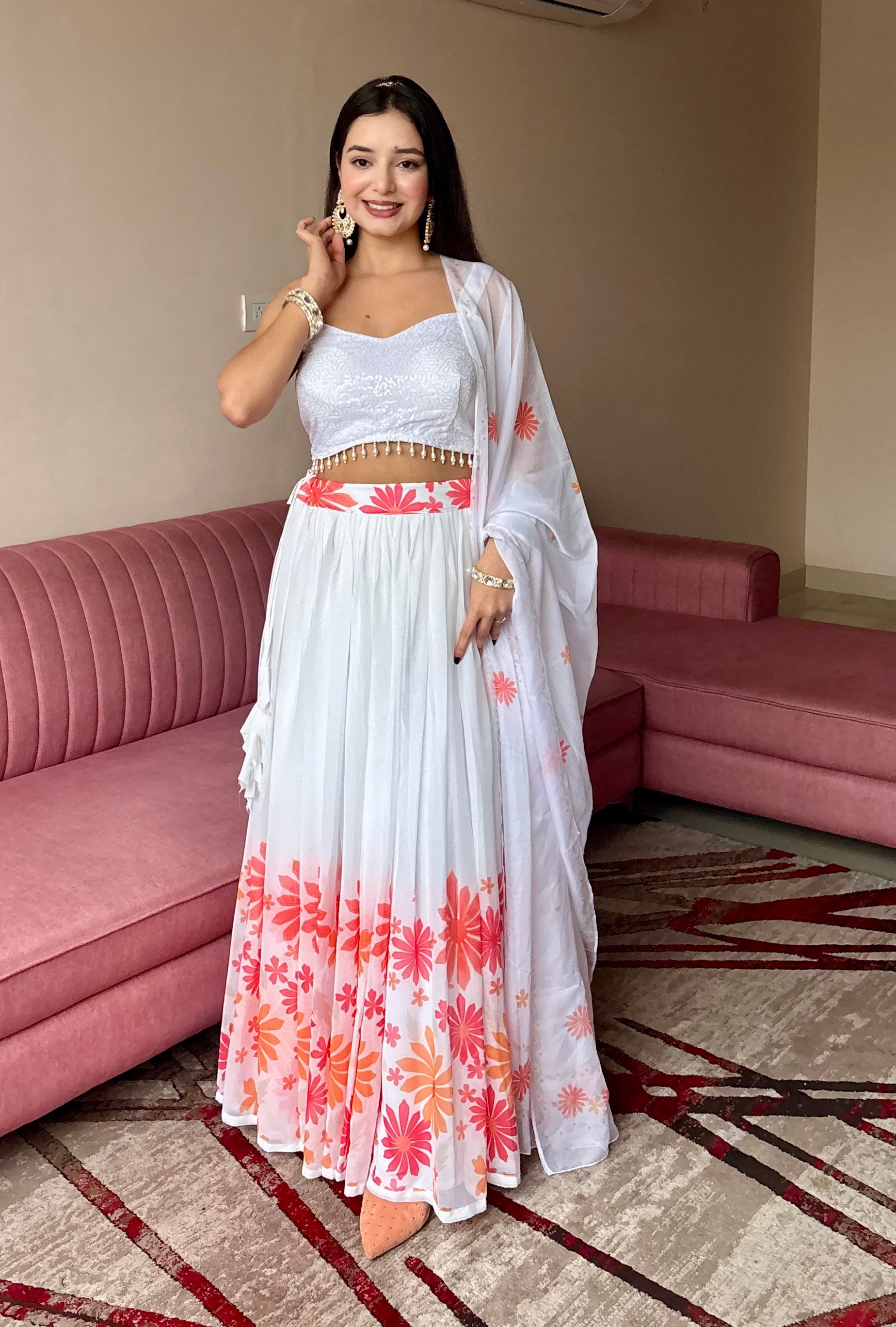 Lorenvalley Fashion White Georgette with Floral Print Design Lehenga Choli with Dupatta - Swadesiicart