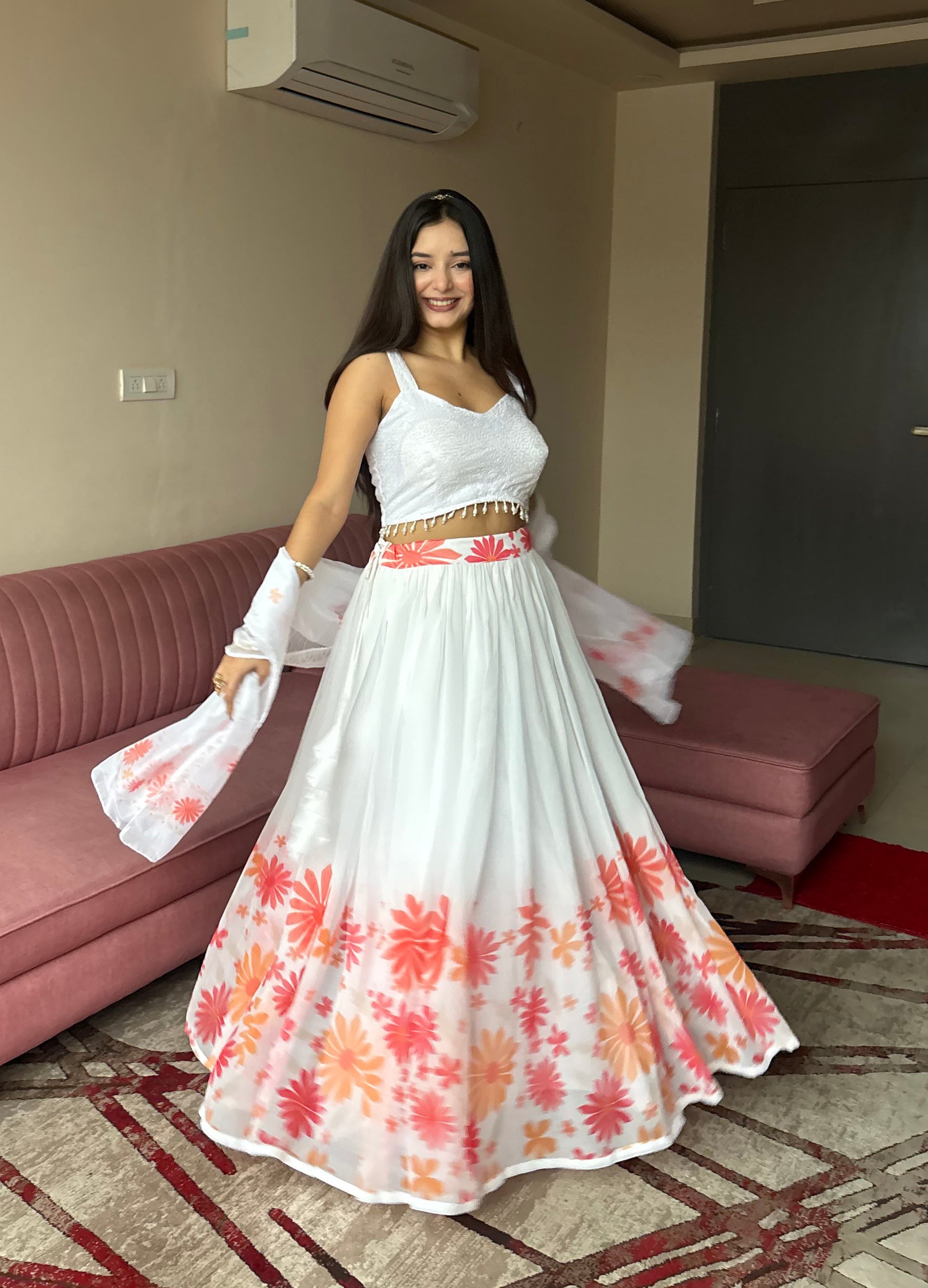 Lorenvalley Fashion White Georgette with Floral Print Design Lehenga Choli with Dupatta - Swadesiicart