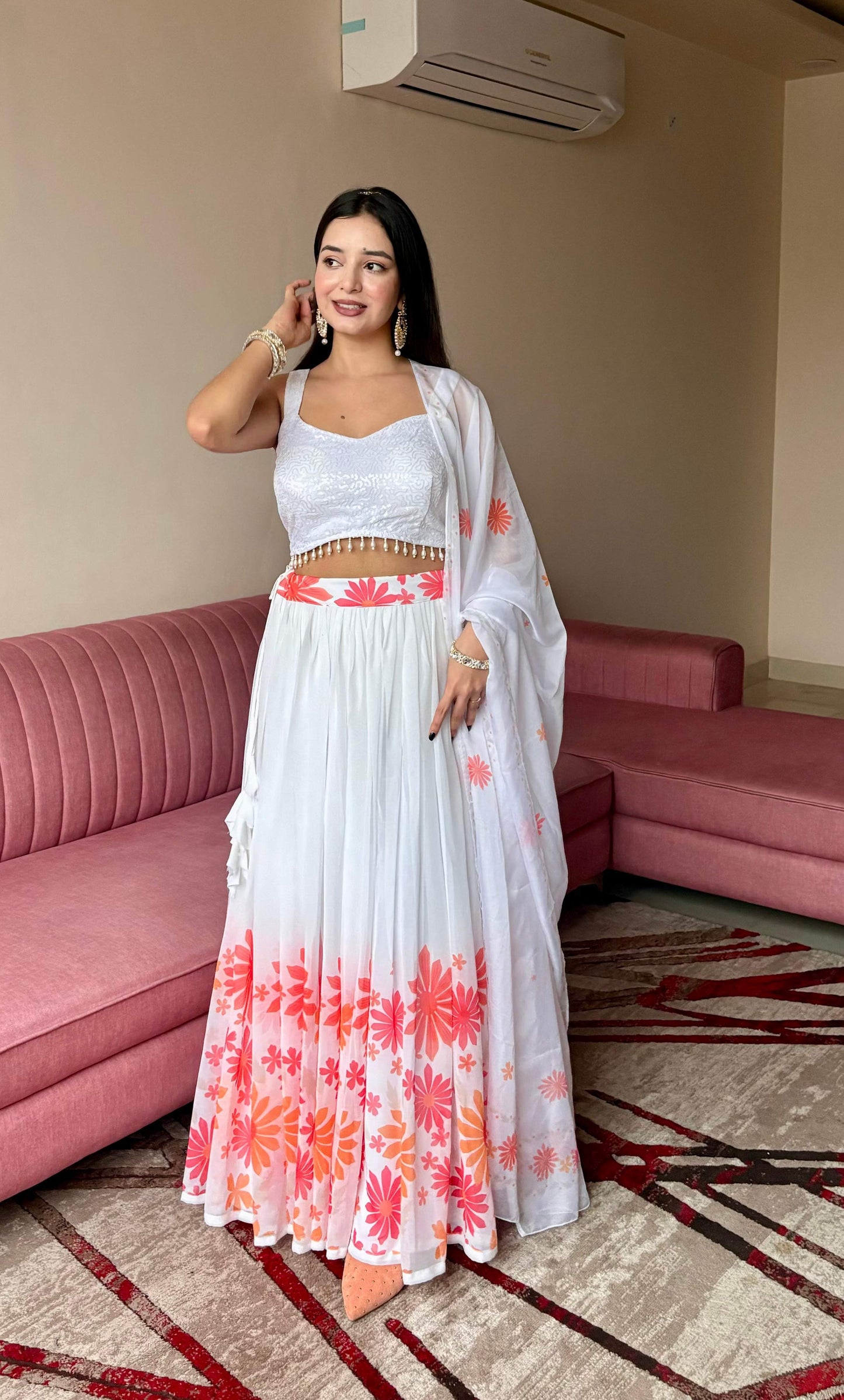 Lorenvalley Fashion White Georgette with Floral Print Design Lehenga Choli with Dupatta - Swadesiicart
