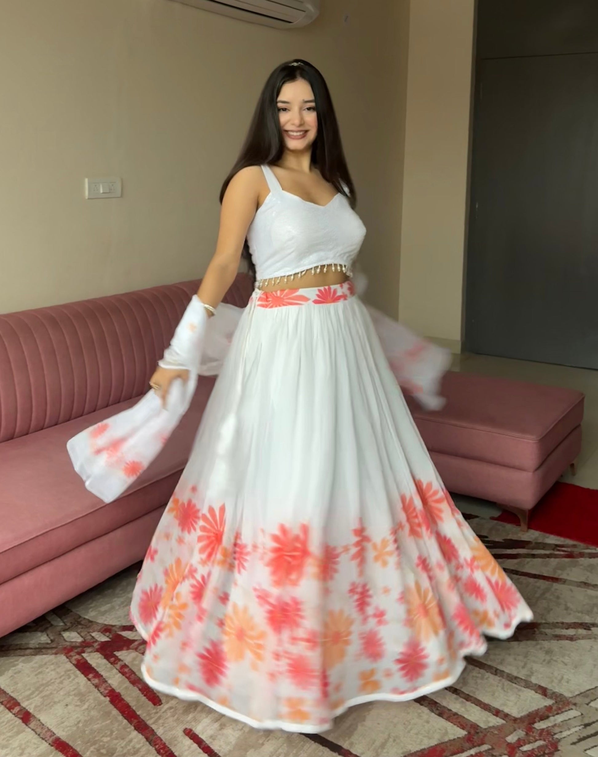 Lorenvalley Fashion White Georgette with Floral Print Design Lehenga Choli with Dupatta - Swadesiicart