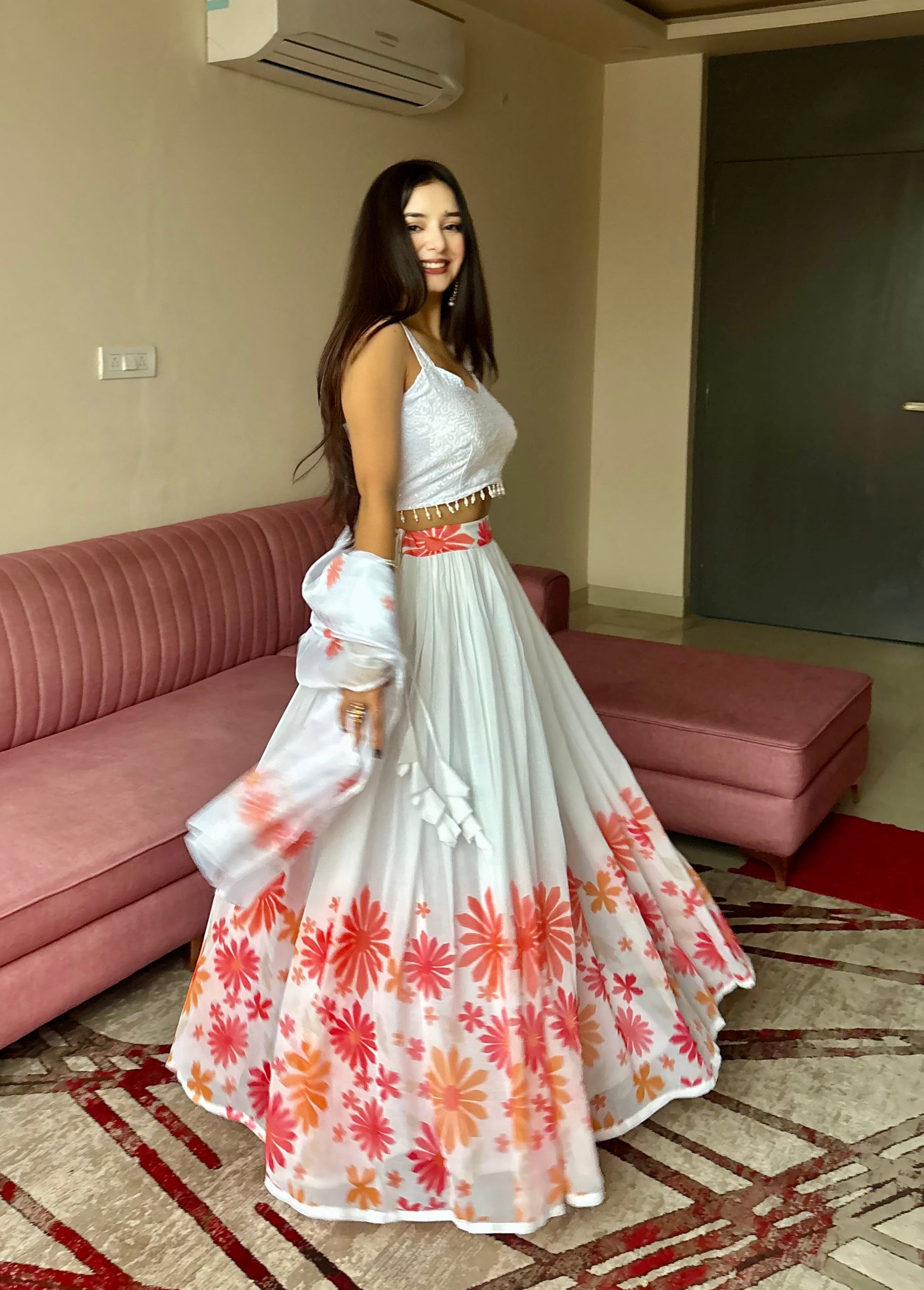 Lorenvalley Fashion White Georgette with Floral Print Design Lehenga Choli with Dupatta - Swadesiicart