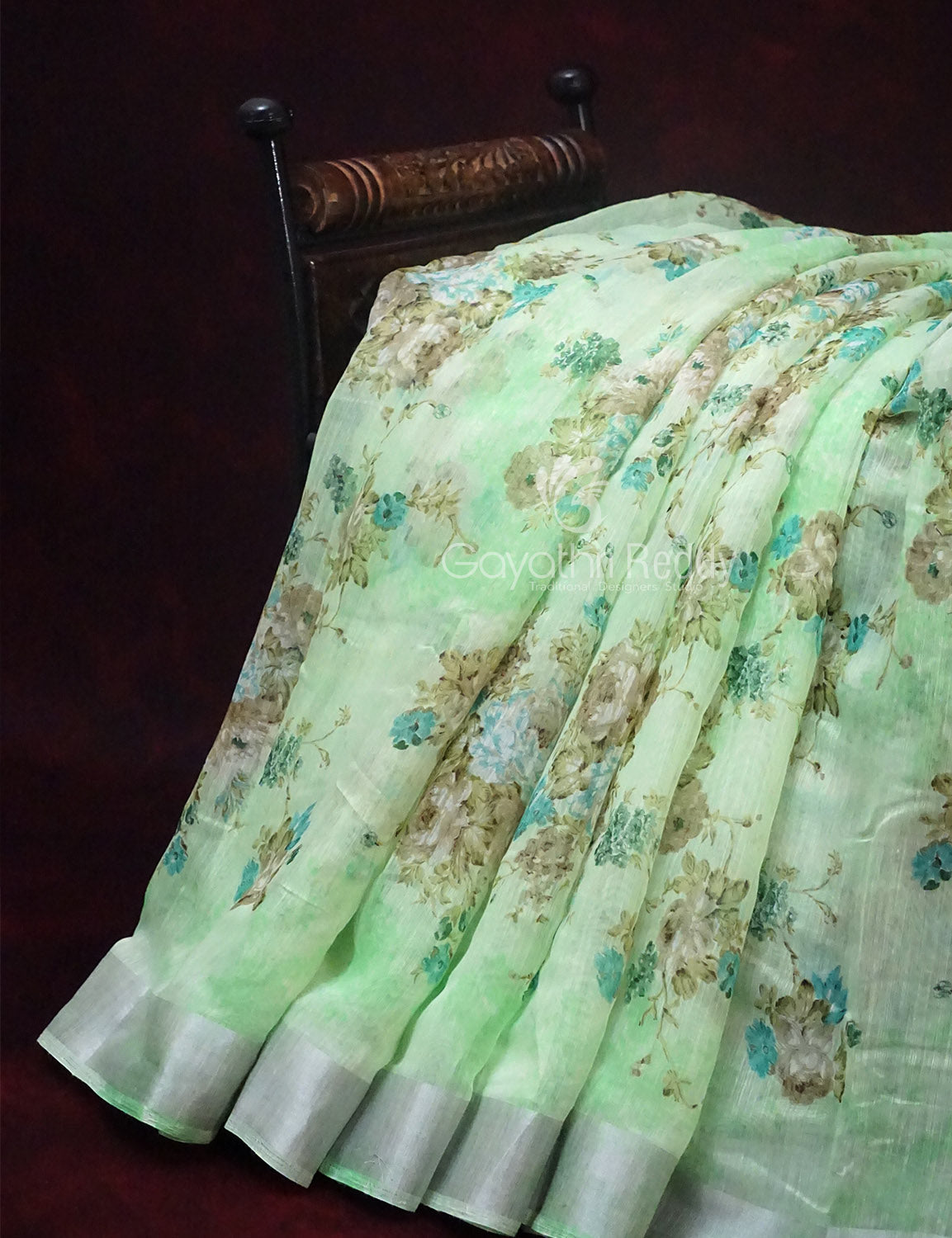 Shades of Apple Green with Floral Design Semi Chanderi Saree By Gayathri Reddy Designer Studio | Swadesiicart