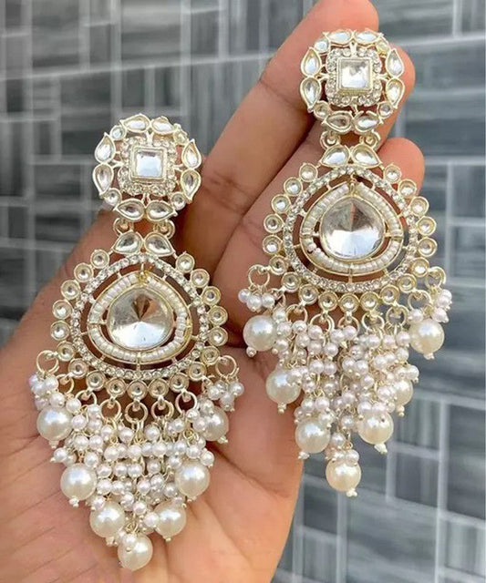 Tehzeeb Creations White Gold Trending Style Drop & Danglers Earring For Girls & Women Diamond, Pearl Brass Drops | Swadesiicart