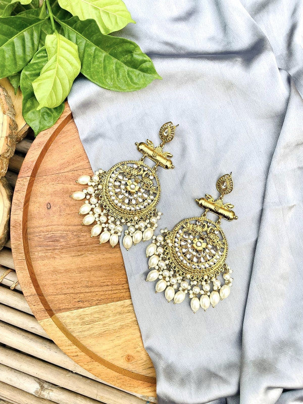Tehzeeb Creations Traditional Gold-Polished White Kundan Pearl Drop Chandbali Earring For Women/Girls | Swadesiicart