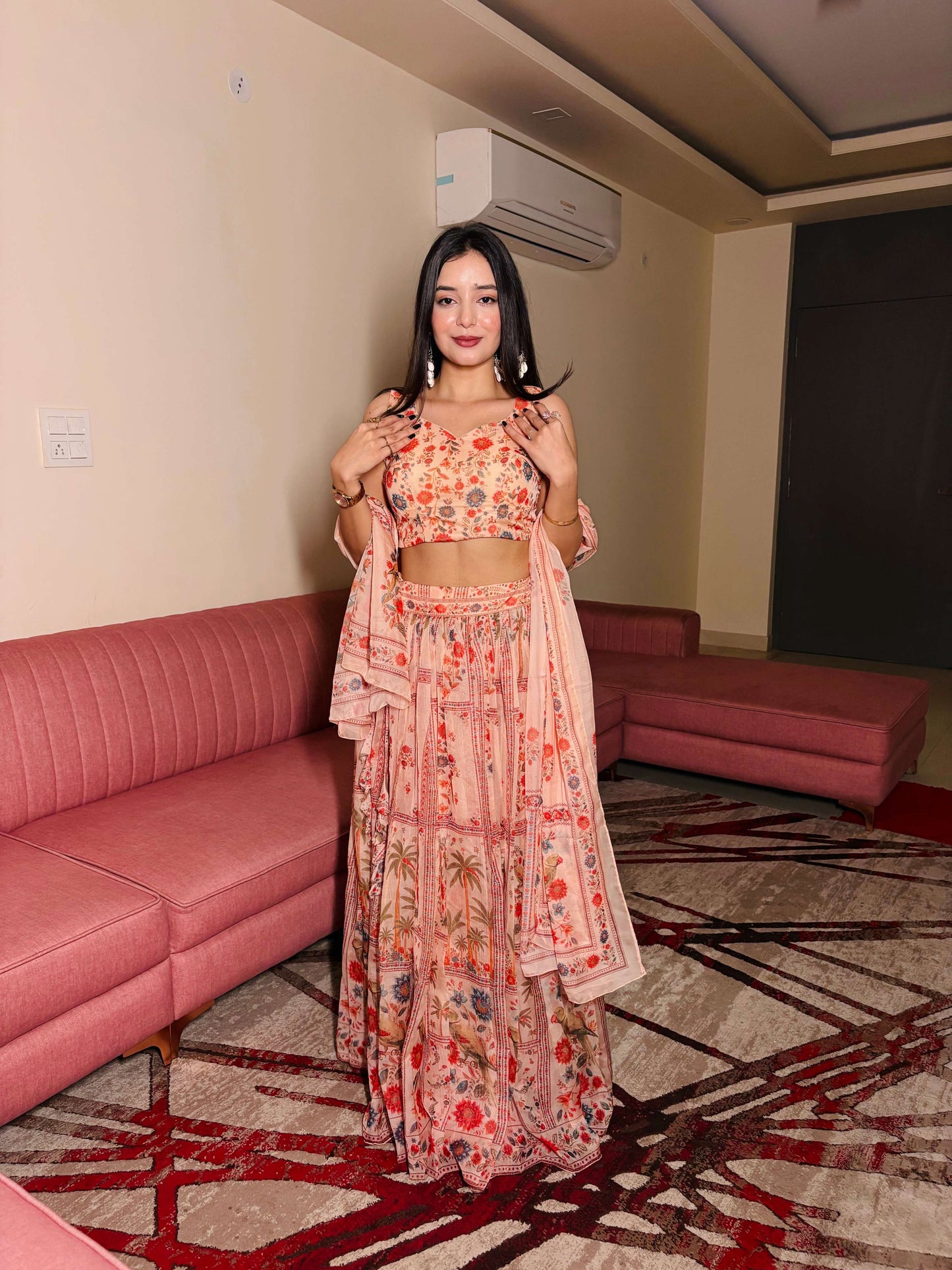 Lorenvalley Fashion Peach Organza with Floral Print Design Lehenga Choli with Dupatta - Swadesiicart
