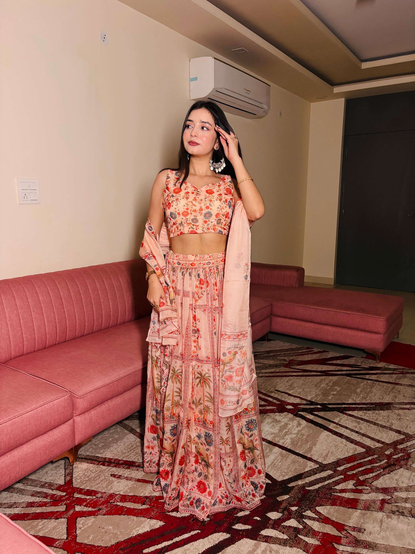 Lorenvalley Fashion Peach Organza with Floral Print Design Lehenga Choli with Dupatta - Swadesiicart