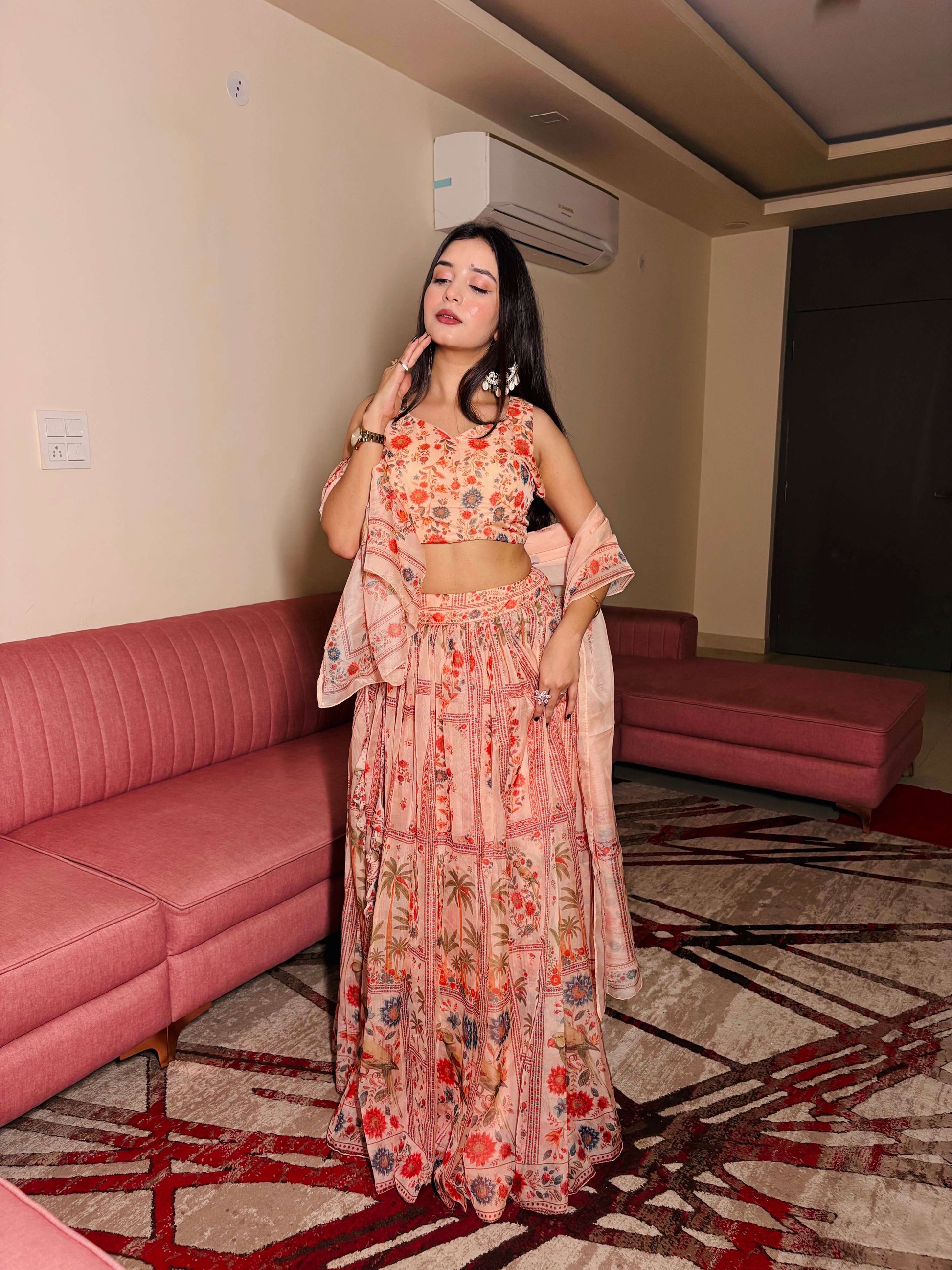 Lorenvalley Fashion Peach Organza with Floral Print Design Lehenga Choli with Dupatta - Swadesiicart