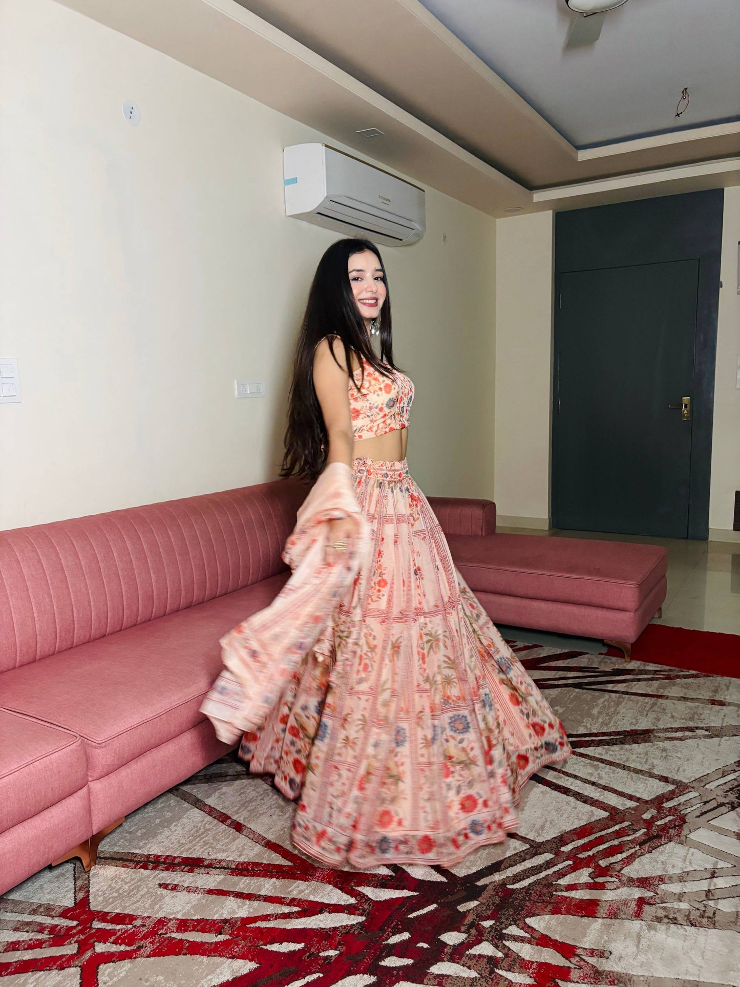 Lorenvalley Fashion Peach Organza with Floral Print Design Lehenga Choli with Dupatta - Swadesiicart