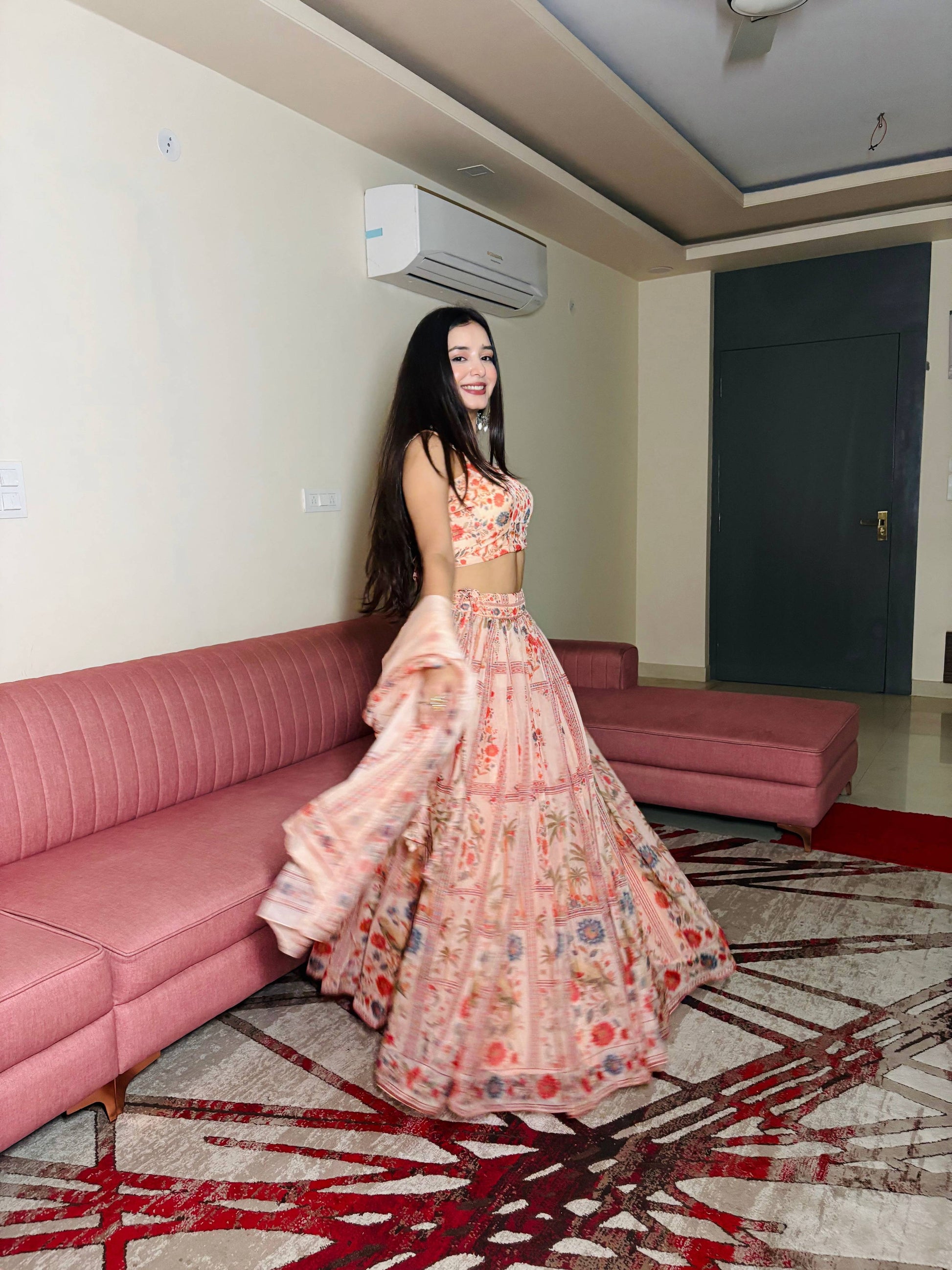 Lorenvalley Fashion Peach Organza with Floral Print Design Lehenga Choli with Dupatta - Swadesiicart