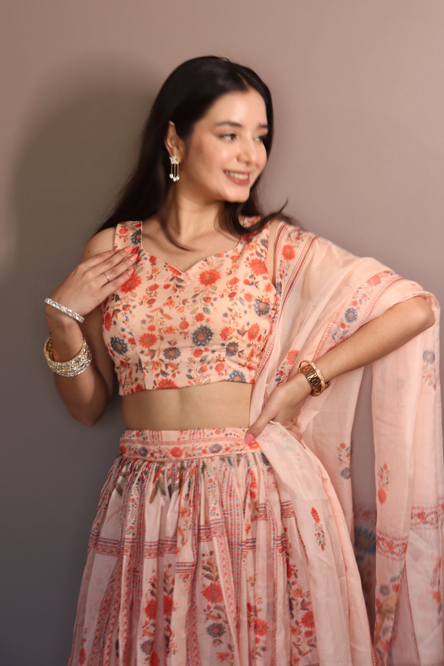 Lorenvalley Fashion Peach Organza with Floral Print Design Lehenga Choli with Dupatta - Swadesiicart