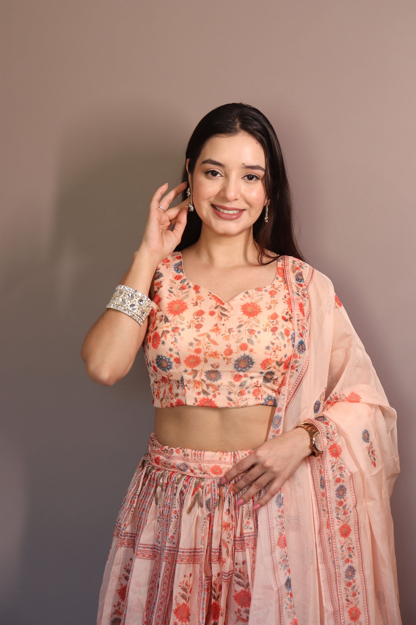 Lorenvalley Fashion Peach Organza with Floral Print Design Lehenga Choli with Dupatta - Swadesiicart