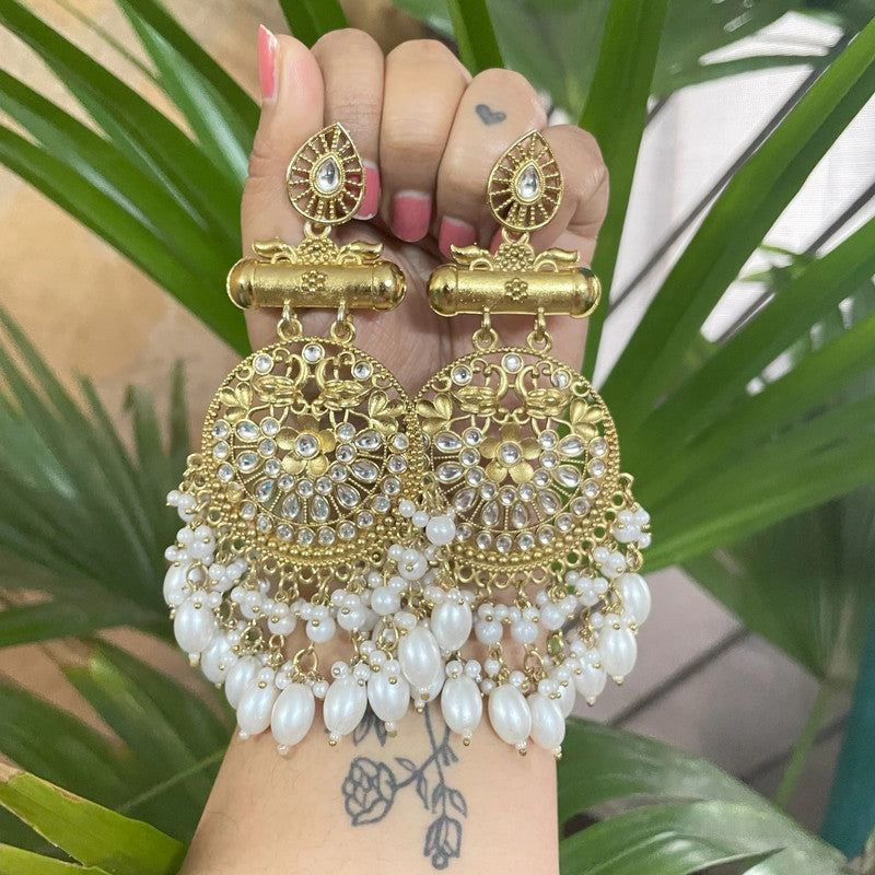 Tehzeeb Creations Traditional Gold-Polished White Kundan Pearl Drop Chandbali Earring For Women/Girls | Swadesiicart