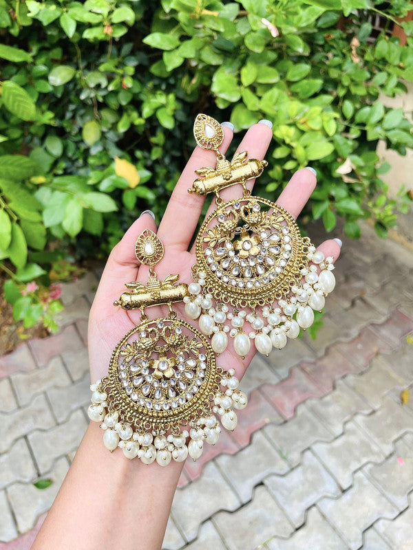 Tehzeeb Creations Traditional Gold-Polished White Kundan Pearl Drop Chandbali Earring For Women/Girls | Swadesiicart