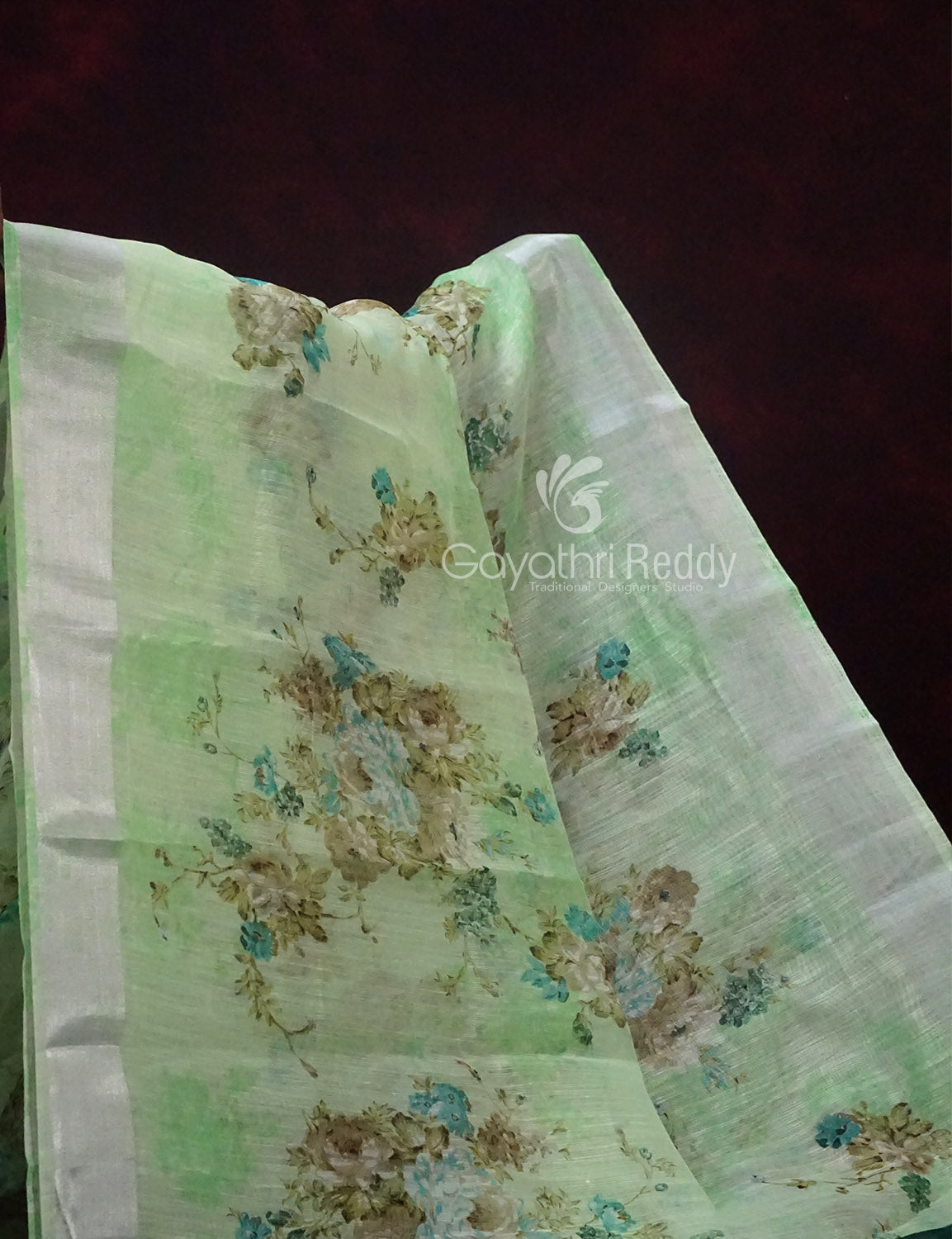Shades of Apple Green with Floral Design Semi Chanderi Saree By Gayathri Reddy Designer Studio | Swadesiicart