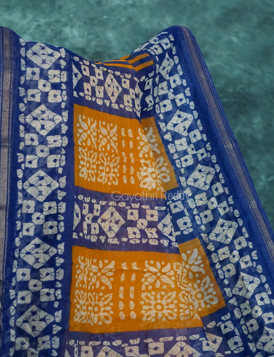Yellow And Dark Ink Blue Colour Bathik Print Semi Chanderi Saree By Gayathri Reddy Designer Studio | Swadesiicart