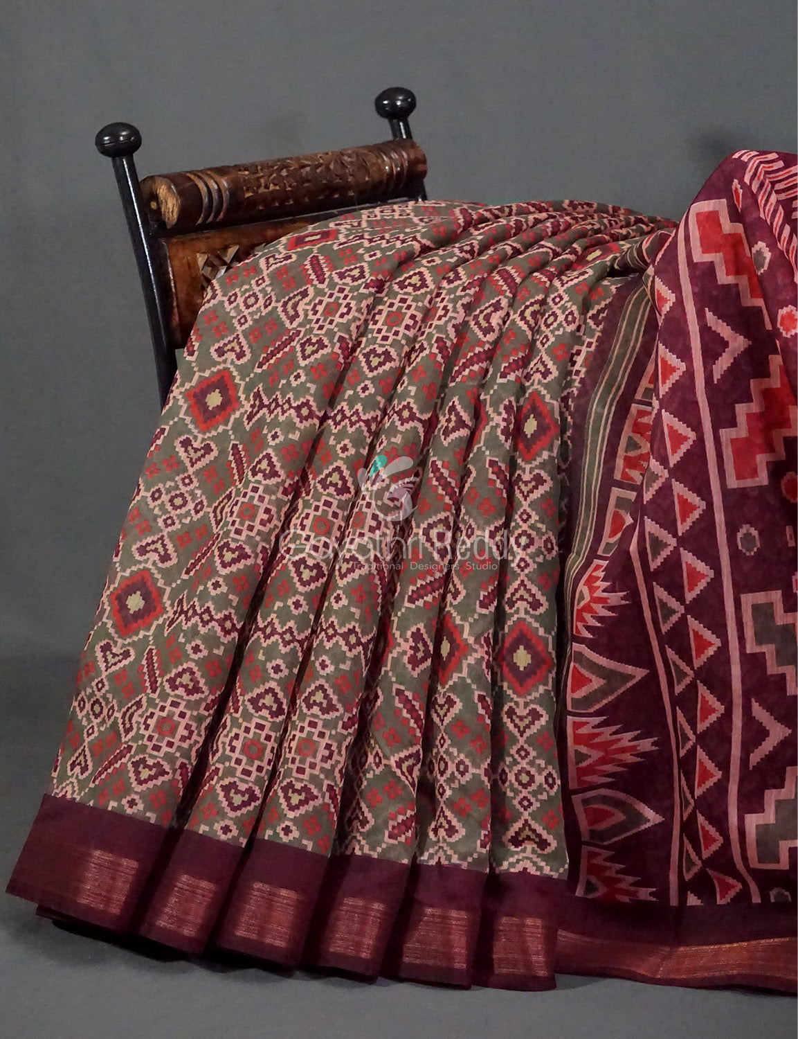 Wine Colour Patola Print Semi Chanderi Saree By Gayathri Reddy Designer Studio | Swadesiicart