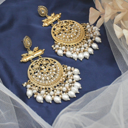 Tehzeeb Creations Traditional Gold-Polished White Kundan Pearl Drop Chandbali Earring For Women/Girls | Swadesiicart