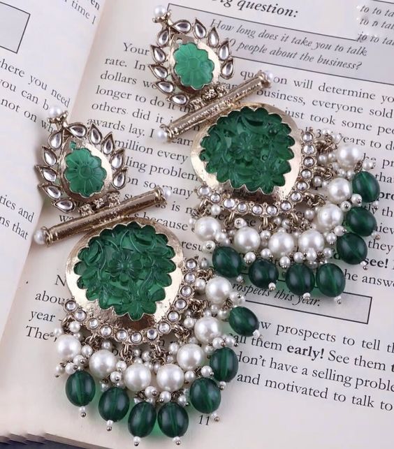 Tehzeeb Creations Latest Gold Polish Kundan & Pearl Studded Designer Drop Long Earrings For Women And Girls Green | Swadesiicart