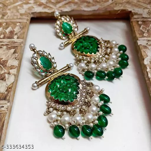 Tehzeeb Creations Latest Gold Polish Kundan & Pearl Studded Designer Drop Long Earrings For Women And Girls Green | Swadesiicart