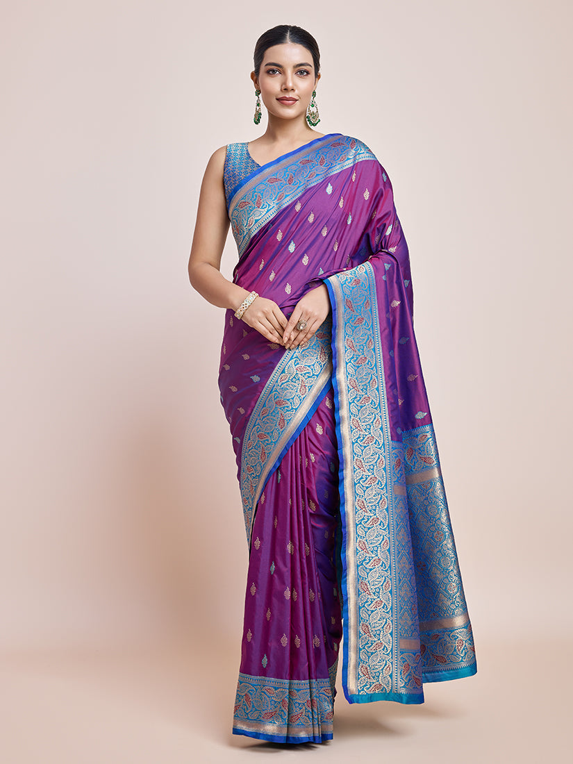 Monjolika Fashion Exquisite Designs With This Purple Banarasi Satin Silk Saree | Swadesiicart