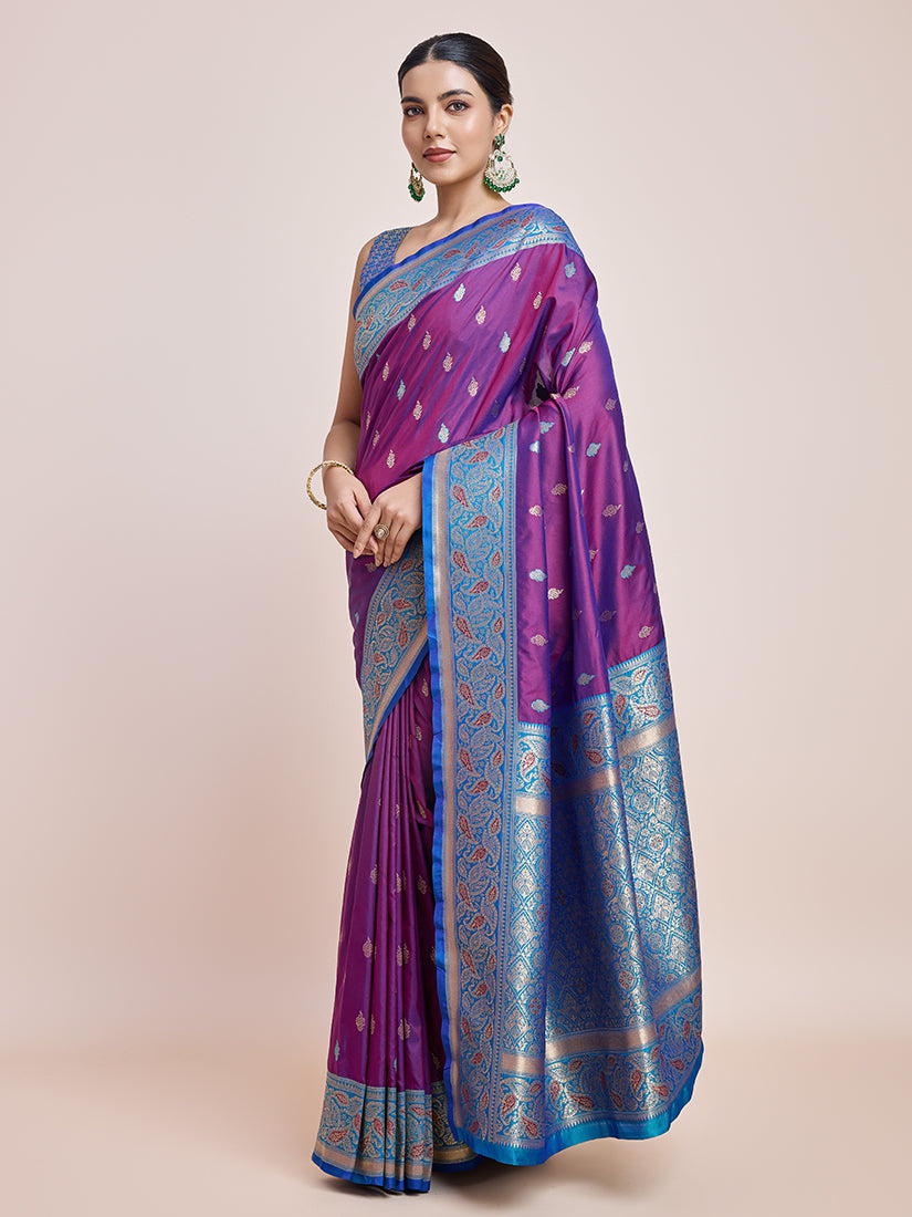 Monjolika Fashion Exquisite Designs With This Purple Banarasi Satin Silk Saree | Swadesiicart