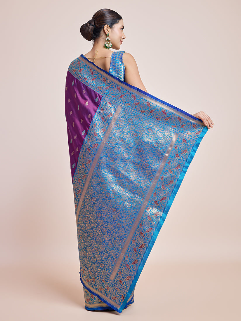 Monjolika Fashion Exquisite Designs With This Purple Banarasi Satin Silk Saree | Swadesiicart