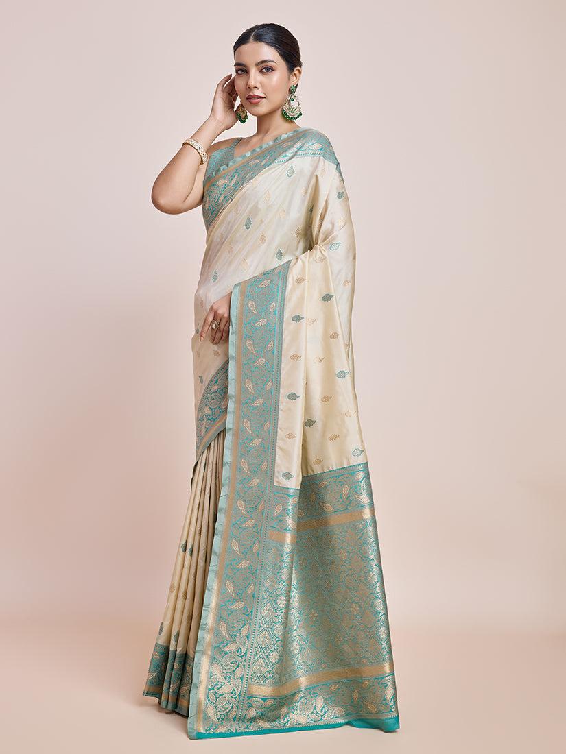 Monjolika Fashion Exquisite Designs With This Cream Banarasi Satin Silk Saree | Swadesiicart
