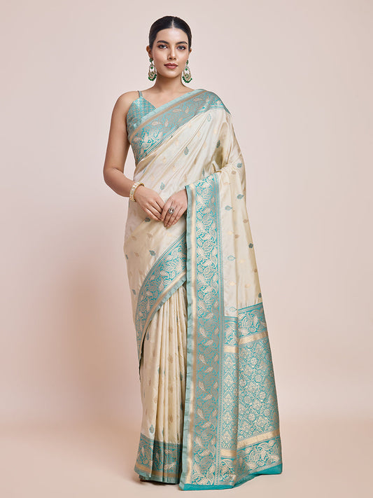 Monjolika Fashion Exquisite Designs With This Cream Banarasi Satin Silk Saree | Swadesiicart