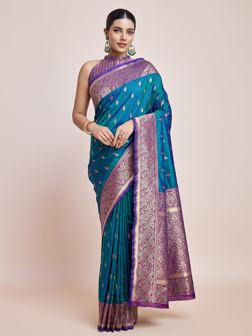 Monjolika Fashion Exquisite Designs With This Teal Banarasi Satin Silk Saree | Swadesiicart