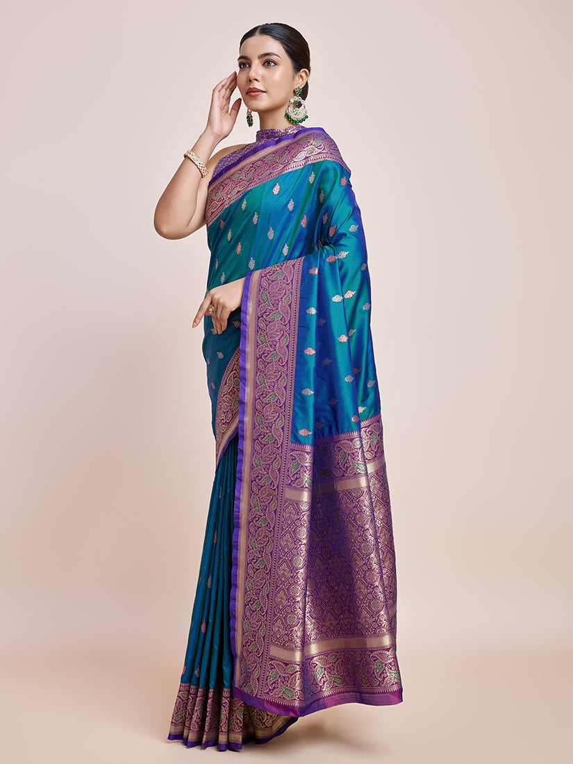 Monjolika Fashion Exquisite Designs With This Teal Banarasi Satin Silk Saree | Swadesiicart
