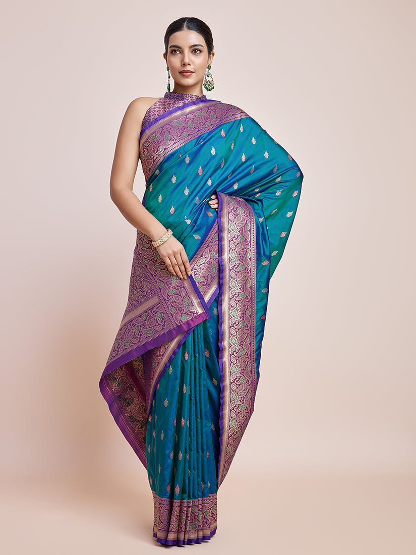 Monjolika Fashion Exquisite Designs With This Teal Banarasi Satin Silk Saree | Swadesiicart