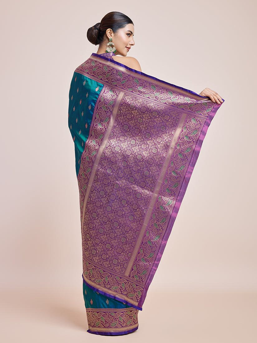 Monjolika Fashion Exquisite Designs With This Teal Banarasi Satin Silk Saree | Swadesiicart