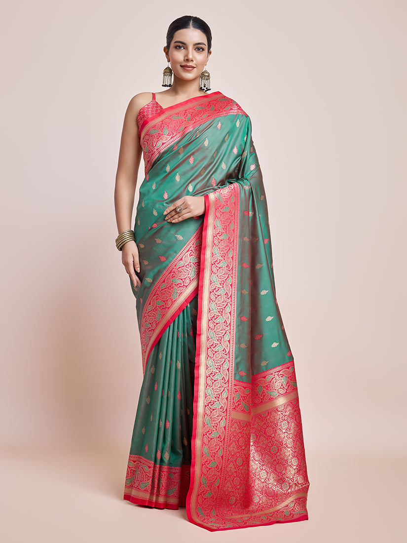 Monjolika Fashion Exquisite Designs With This Green Banarasi Satin Silk Saree | Swadesiicart