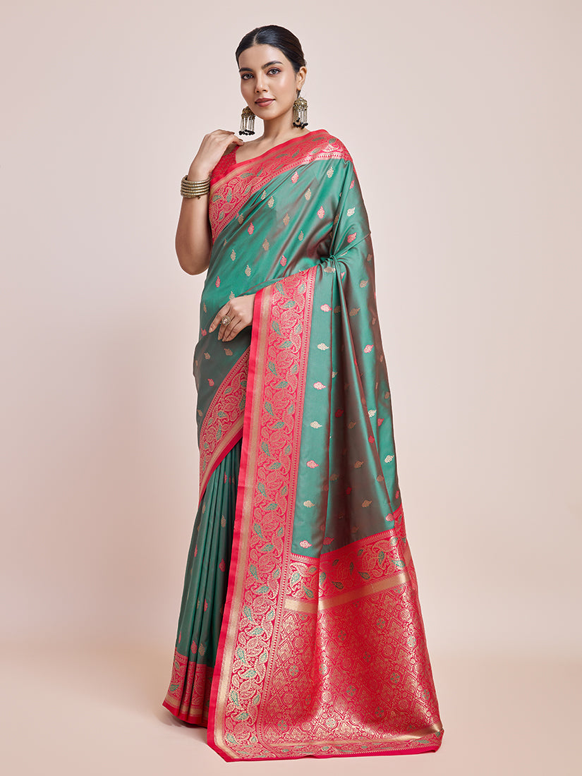 Monjolika Fashion Exquisite Designs With This Green Banarasi Satin Silk Saree | Swadesiicart