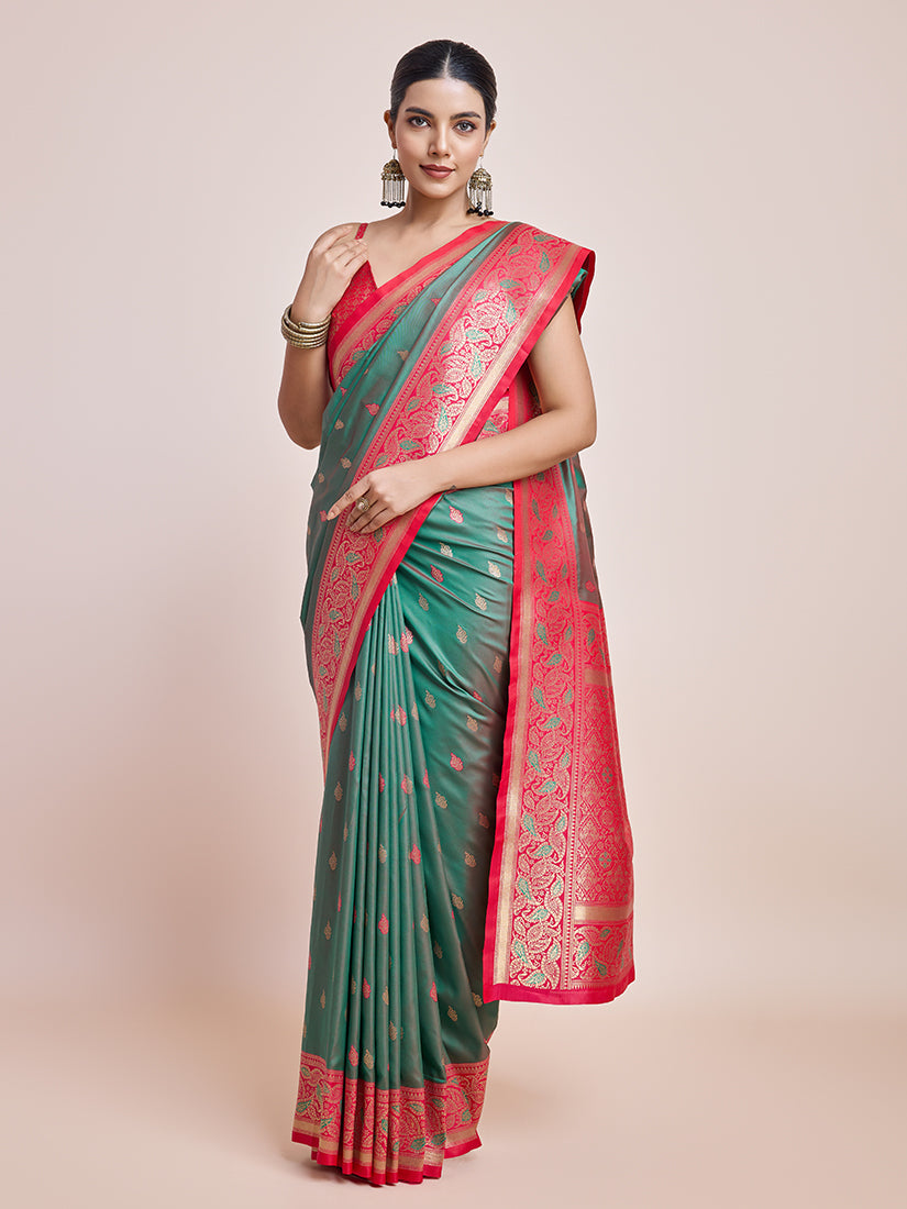 Monjolika Fashion Exquisite Designs With This Green Banarasi Satin Silk Saree | Swadesiicart