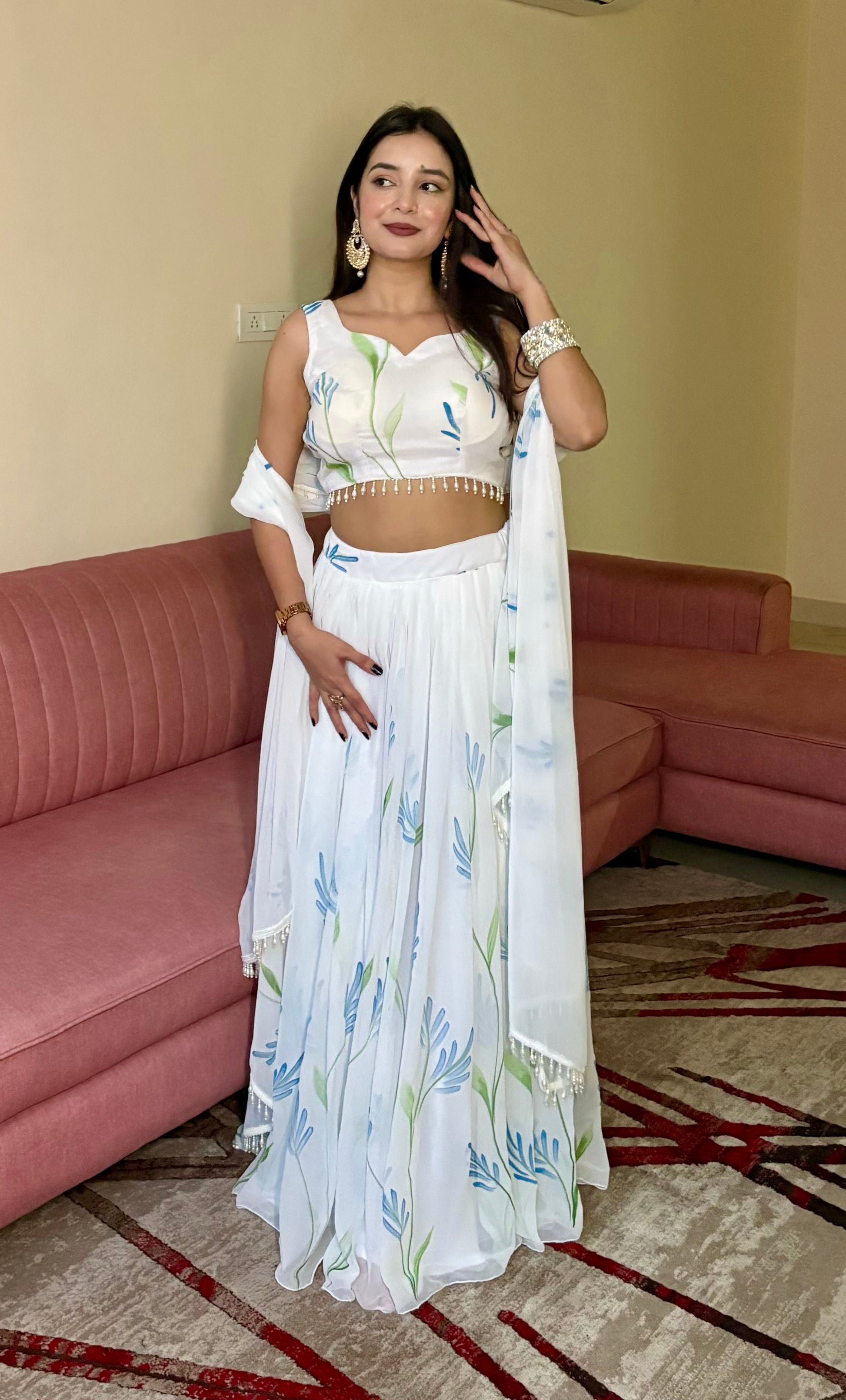 Lorenvalley Fashion White Georgette with Hand-painted Floral Design Lehenga Choli with Dupatta - Swadesiicart