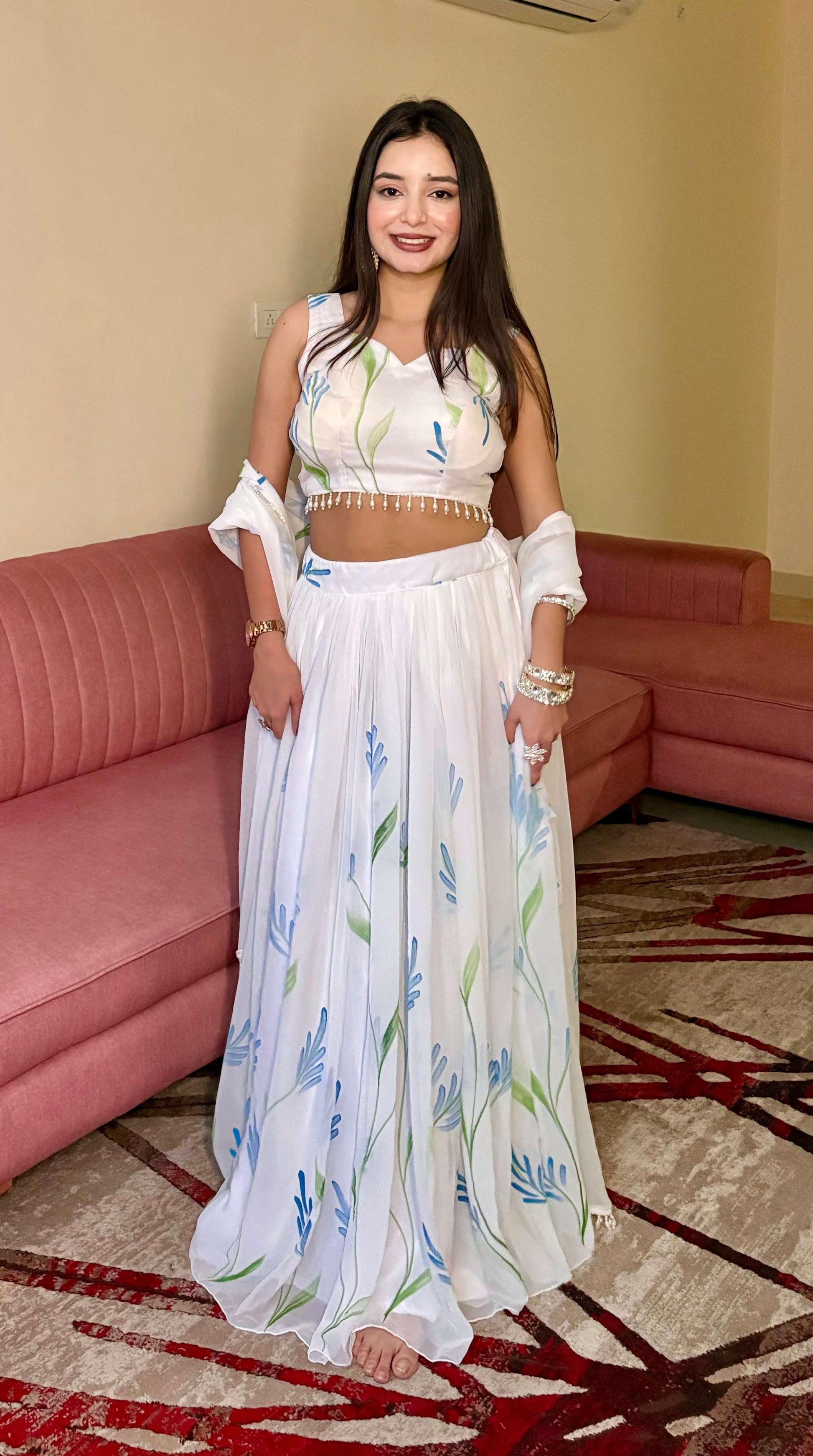 Lorenvalley Fashion White Georgette with Hand-painted Floral Design Lehenga Choli with Dupatta - Swadesiicart