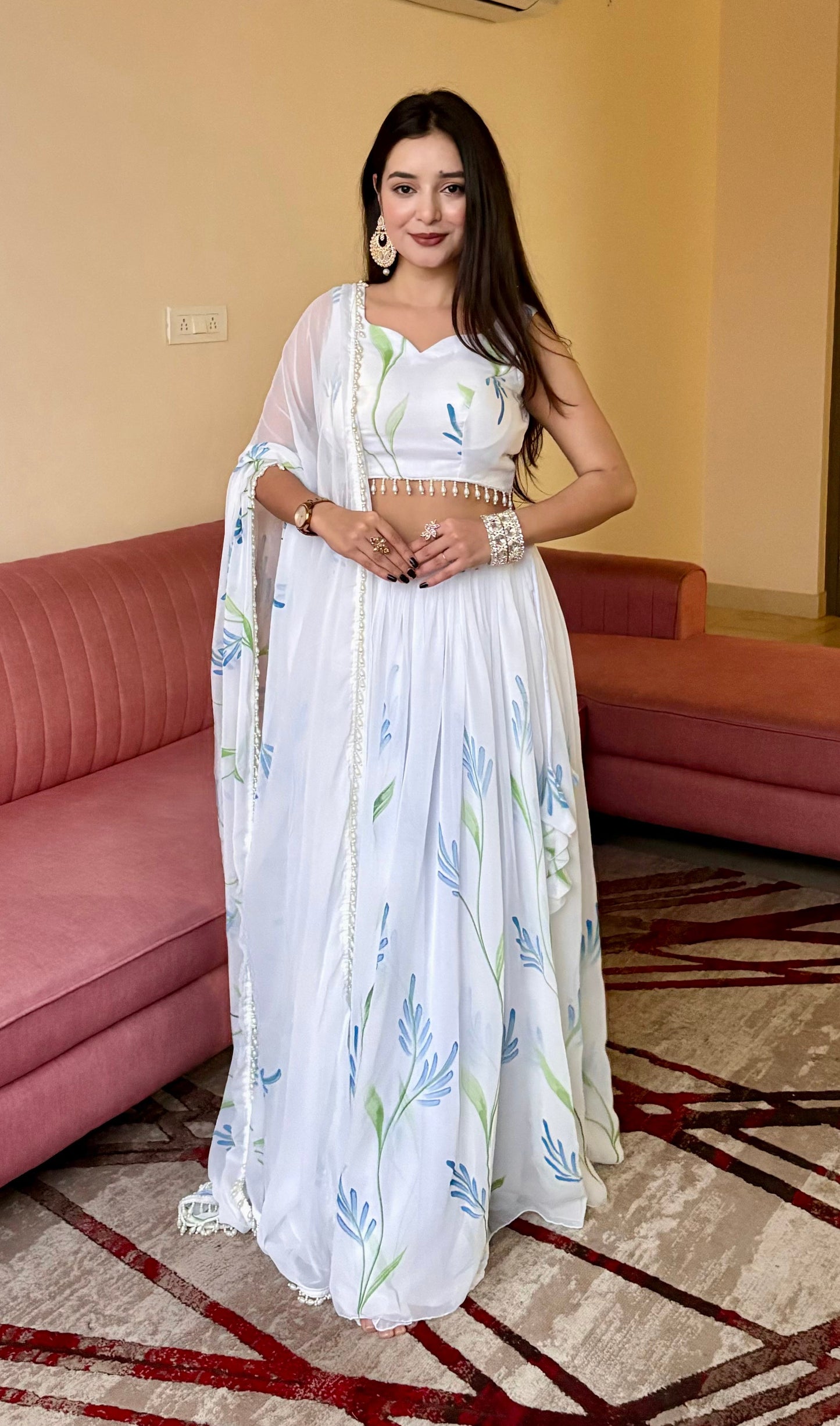 Lorenvalley Fashion White Georgette with Hand-painted Floral Design Lehenga Choli with Dupatta - Swadesiicart