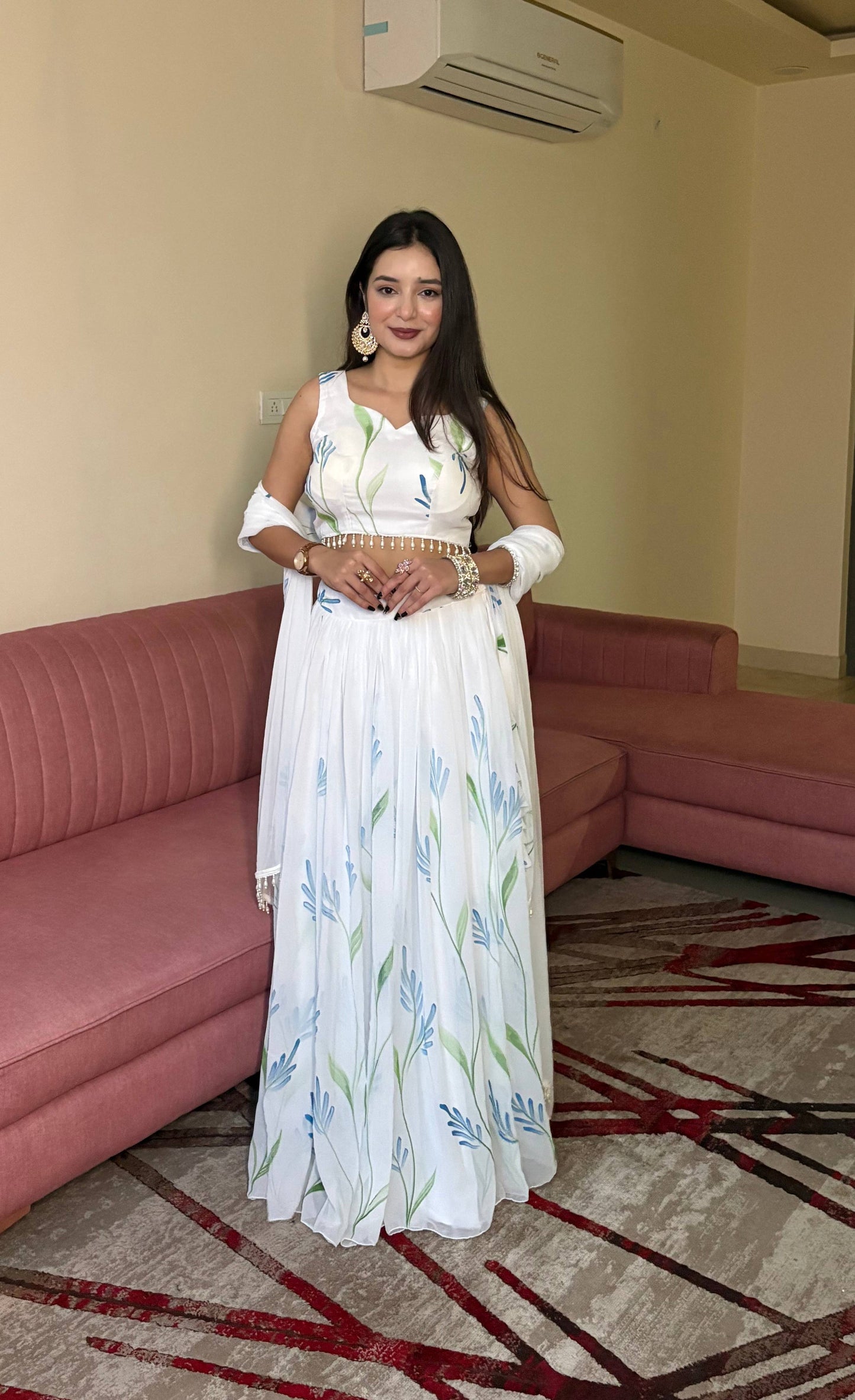 Lorenvalley Fashion White Georgette with Hand-painted Floral Design Lehenga Choli with Dupatta - Swadesiicart