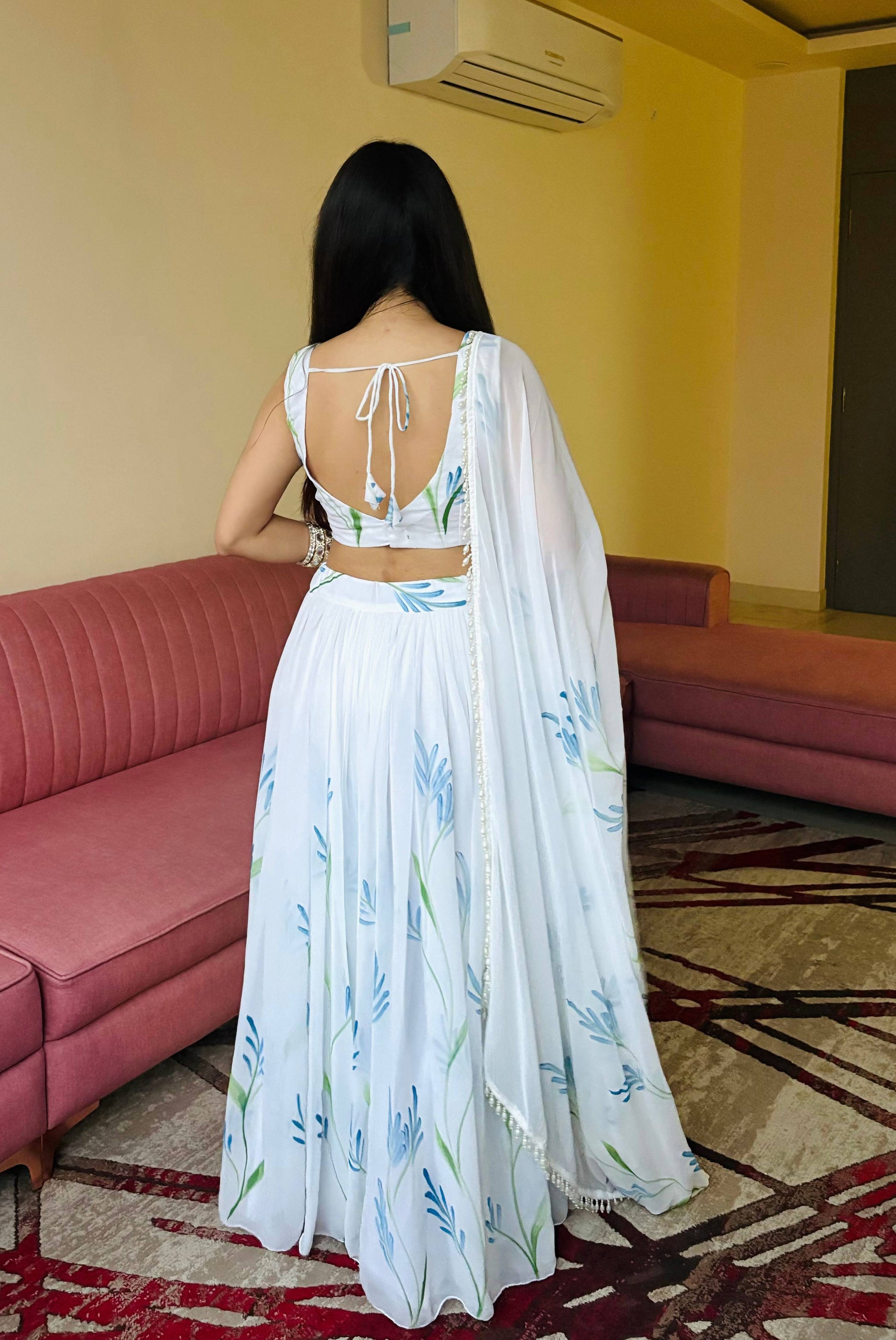 Lorenvalley Fashion White Georgette with Hand-painted Floral Design Lehenga Choli with Dupatta - Swadesiicart