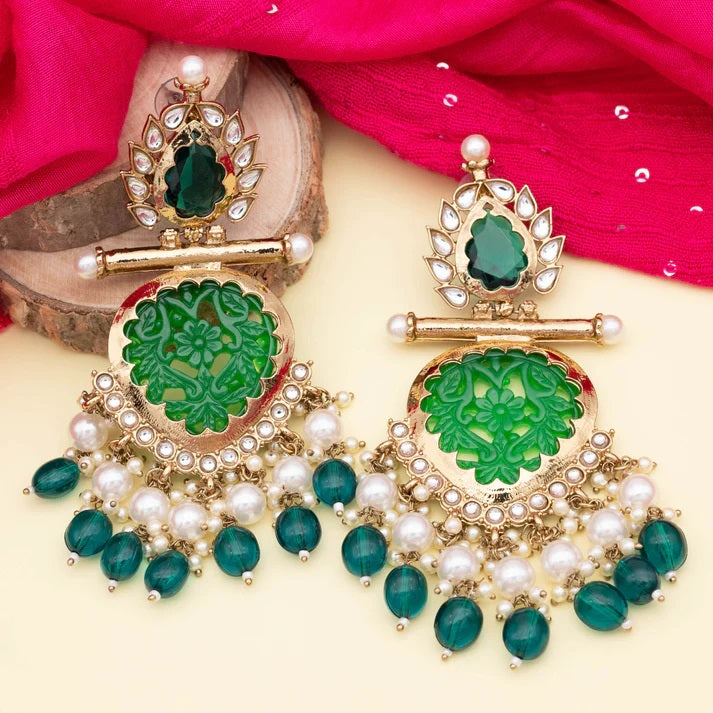 Tehzeeb Creations Latest Gold Polish Kundan & Pearl Studded Designer Drop Long Earrings For Women And Girls Green | Swadesiicart